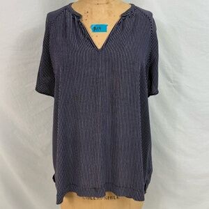 Old Navy Blue and Grey Striped Short Sleeve V-neck Blouse. 100% Cotton, Size XL